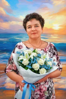 Женский портрет в стиле под масло.На картине изображена женщина с короткими тёмными волосами в цветочном платье, держащая в руках букет из белых роз и лилий, украшенный голубой лентой и веточками незабудок. На фоне — живописный морской пейзаж с закатным небом, окрашенным в тёплые золотисто-розовые тона. Художник Анна