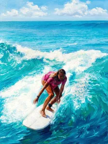 Женский портрет в стиле под масло. На картине изображена девушка в розовой футболке, мастерски скользящая на белой доске для сёрфинга по гребню бирюзовой волны. На фоне — бескрайний лазурный океан и пушистые белые облака на ясном небе, создающие ощущение свободы и динамики. Художник Ирина