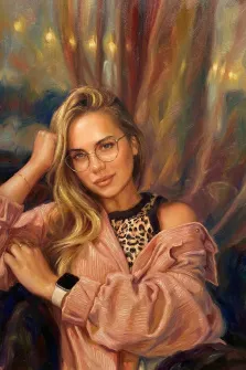 Женский портрет в стиле под масло. На картине изображён портрет молодой женщины с длинными светлыми волосами, в очках, розовой блузе и топе с леопардовым принтом. Она позирует, слегка наклонив голову и придерживая волосы рукой, на фоне размытых тёплых мазков, создающих уютную и мягкую атмосферу. Художник Ирина