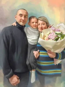Семейный портрет в стиле под масло. На картине изображён семейный портрет: мужчина в тёмной одежде, женщина в полосатом свитере с букетом цветов и ребёнок в светлом свитере, стоящий между ними. Все трое выглядят счастливыми и близкими, фон выполнен в мягких пастельных тонах, создающих тёплую и уютную атмосферу. Художник Анастасия