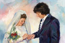 Парный портрет в стиле под масло. На картине изображён трогательный момент свадебной церемонии: жених в тёмном костюме нежно держит за руки невесту в белом платье с фатой, украшенной цветами. Невеста держит букет с красными и жёлтыми цветами, оба персонажа мягко улыбаются, их взгляды полны нежности и любви, а фон выполнен в светлых, размытых мазках, создающих романтичную атмосферу. Художник Анна