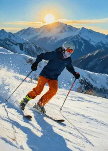 Мужской портрет в стиле под масло. На картине изображён лыжник в тёмно-синей куртке, оранжевых брюках и белом шлеме с очками, стремительно спускающийся по заснеженному склону с лыжными палками в руках. На фоне — величественные заснеженные горы и яркое солнце, заливающее пейзаж тёплым светом. Художник Анна