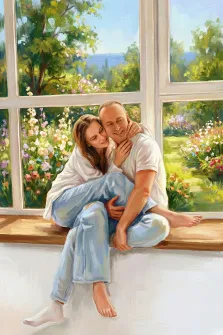 Парный портрет в стиле под масло. На картине изображена пара, сидящая в нежных объятиях на широком подоконнике: мужчина в белой футболке и светлых джинсах обнимает женщину, которая нежно склонила голову к его щеке. За окном раскинулся яркий цветущий сад с пышной зеленью и разноцветными цветами, залитый солнечным светом. Художник Ирина