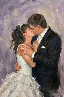Парный портрет в стиле под масло. На картине изображена пара в свадебных нарядах: невеста в пышном белом платье с диадемой в волосах и жених в классическом чёрном костюме с белой рубашкой и галстуком. Они нежно обнимаются и целуются на фоне мягких сиреневых мазков, создающих романтичную и трогательную атмосферу. Художник Ирина