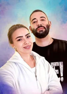 Парный портрет в стиле под масло. На картине изображены улыбающаяся женщина в белой толстовке и мужчина с бородой в чёрной футболке с принтом; они стоят близко друг к другу, создавая ощущение дружеской или семейной близости. Фон выполнен в мягких пастельных тонах с плавными переходами голубого, сиреневого и розового, что придаёт изображению лёгкость и позитивную атмосферу. Художник Артём