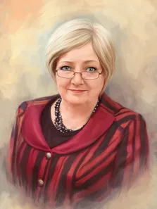 Женский портрет в стиле под масло. На картине изображён портрет женщины средних лет с короткими светлыми волосами, в очках и элегантном наряде — красно-чёрной блузе с пуговицами и чёрном ожерелье. Фон выполнен в мягких, размытых пастельных тонах, подчёркивающих спокойствие и доброжелательность образа. Художник Анастасия