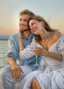 Парный портрет в стиле под масло. На картине изображена счастливая пара: мужчина в светло-голубой рубашке и белых брюках и женщина в белом платье с открытыми плечами, держащая бокал шампанского. Они сидят у воды на фоне закатного неба, нежно улыбаются и выглядят абсолютно умиротворёнными и влюблёнными. Художник Ирина