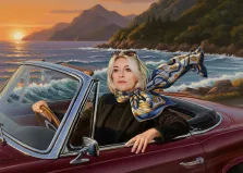 Женский портрет в стиле под масло. На картине изображена элегантная женщина с блондинистыми волосами, в тёмном наряде и ярком шарфе, уверенно сидящая за рулём бордового кабриолета. На фоне — живописный морской пейзаж с волнами, скалистыми берегами, горами и закатным солнцем, создающим тёплую и романтичную атмосферу. Художник Ирина