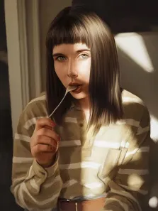 Женский портрет в стиле под масло. На картине изображена молодая женщина с прямой чёлкой и длинными прямыми волосами, одетая в полосатую рубашку. Она держит в руке вилку с нанизанной едой и подносит её ко рту, её взгляд направлен прямо на зрителя, а мягкий свет создаёт тёплую атмосферу. Художник Анастасия