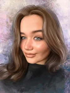 Женский портрет в стиле под масло. На картине изображён портрет молодой женщины с длинными светло-каштановыми волосами и выразительными голубыми глазами; она слегка улыбается, одета в тёмную водолазку. Фон выполнен в мягких пастельных тонах с размытыми переливами сиреневого, голубого и белого, создающими лёгкую, мечтательную атмосферу. Художник Анастасия