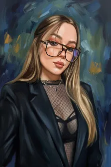 Женский портрет в стиле под масло. На картине изображён портрет молодой женщины с длинными светлыми волосами, в крупных очках и чёрном пиджаке поверх сетчатого топа. Фон выполнен в абстрактной манере с преобладанием тёмно-синих и зеленоватых оттенков, дополненных жёлтыми акцентами, что создаёт контраст с образом героини. Художник Артём