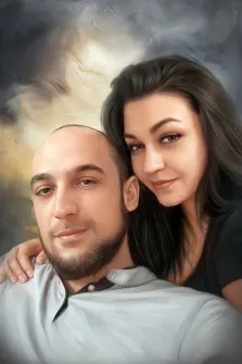 Парный портрет в стиле под масло. На картине изображён портрет пары: мужчина с короткой стрижкой и бородой в светлой рубашке и женщина с длинными тёмными волосами в чёрной одежде, нежно обнимающая его за плечо. Фон выполнен в мягких, приглушённых серо-бежевых тонах с лёгкими световыми акцентами, создающими тёплую и интимную атмосферу. Художник Анна