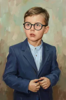 Детский портрет под масло. На портрете изображён мальчик в тёмно-синем пиджаке и светло-голубой рубашке, с большими круглыми очками на носу. Его взгляд устремлён вперёд, руки аккуратно держат пуговицу пиджака, а выражение лица — немного удивлённое и задумчивое. Художник: Ирина