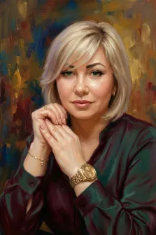 Женский портрет в стиле под масло. На картине изображён портрет женщины с короткими светлыми волосами, одетой в тёмно-зелёную блузу; она смотрит прямо на зрителя с лёгкой полуулыбкой, сложив руки перед собой. Фон выполнен в абстрактной манере с сочетанием тёплых и холодных оттенков — жёлтого, синего, коричневого, что подчёркивает выразительность образа. Художник Ирина
