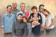 Семейный портрет в стиле под масло. На картине изображён семейный портрет: несколько поколений семьи позируют вместе — взрослые, молодые люди и дети, среди которых младенец на руках у женщины. Фон выполнен в мягких пастельных тонах, создающих тёплую и уютную атмосферу единства и близости. Художник Анастасия