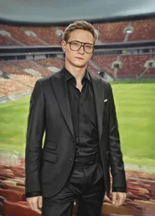 Мужской портрет в стиле под масло. На картине изображён молодой человек в элегантном чёрном костюме и чёрной рубашке, в крупных очках — он стоит на фоне стадиона с зелёным полем и рядами кресел. Его поза спокойна, взгляд устремлён вперёд, создавая ощущение уверенности и собранности. Художник Анна