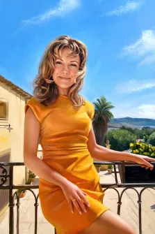 Женский портрет в стиле под масло. На картине изображена улыбающаяся женщина в ярком жёлтом платье, стоящая на балконе с коваными перилами. На фоне видны пальма, цветущие кусты, холмы и чистое голубое небо с лёгкими облаками, создающие атмосферу тёплого солнечного дня. Художник Артём