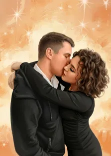 Парный портрет в стиле под масло. На картине изображена влюблённая пара: мужчина в чёрной куртке и белой рубашке нежно целует женщину с кудрявыми волосами, одетую в чёрное платье; она обнимает его за плечи. Фон выполнен в тёплых персиково-золотистых тонах с мерцающими бликами, создающими романтическую и сияющую атмосферу. Художник Анна