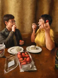 Семейный портрет под масло. На портрете изображены двое людей, сидящих за столом: молодой человек в очках, задумчиво держащий клубнику у рта, и женщина в жёлтом свитере, с улыбкой поедающая клубнику ложкой. На столе перед ними — тарелки с десертом, контейнер со свежей клубникой и стакан с напитком, создающие атмосферу домашнего уюта и непринуждённого общения. Художник: Артём