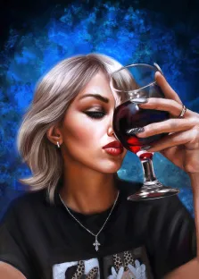 Женский портрет под масло. На портрете изображена блондинка с аккуратной причёской и выразительным макияжем, одетая в чёрную футболку с принтом и серебряное колье с крестиком. Она изящно держит бокал красного вина, слегка наклонив голову и прикрыв глаза, создавая атмосферу загадочности и утончённости на фоне насыщенных синих оттенков. Художник: Артём