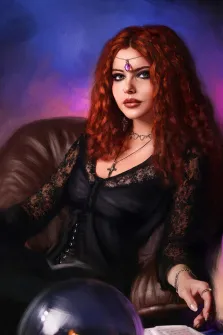 Женский портрет под масло. На портрете изображена женщина с пышными рыжими волосами, одетая в чёрное кружевное платье с корсетом; она сидит в кожаном кресле, задумчиво склонившись над хрустальным шаром. Её образ дополняют украшения: подвеска с фиолетовым камнем на лбу, кресты на цепочках, браслет и кольцо, а выразительный макияж и серьёзный взгляд придают ей мистическую, загадочную ауру. Художник: Артём