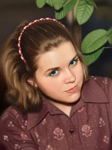 Женский портрет под масло. На портрете изображена молодая девушка с выразительными голубыми глазами и светло-каштановыми волосами, собранными назад с помощью красно-белой плетёной повязки. Она одета в бордовую блузку с нежным цветочным узором, а на фоне виднеются зелёные листья, придающие композиции свежесть и естественность. Художник: Александра 