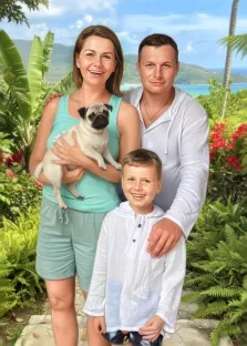 Семейный портрет под масло. На портрете изображена счастливая семья: мужчина в белой рубашке, женщина в светло-зелёном комплекте, держащая на руках мопса, и улыбающийся мальчик в белой рубашке. Они позируют на фоне живописного тропического пейзажа с пальмами, цветущими кустами и видом на море, создавая атмосферу тепла и гармонии. Художник: Александра 