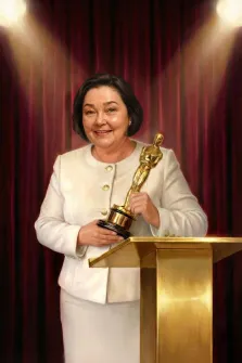 Женский портрет под масло. На портрете изображена женщина в светлом костюме, стоящая за трибуной. В руках она держит статуэтку «Оскар», на лице — тёплая улыбка; фон украшен бордовыми занавесками и сценическими прожекторами, создающими атмосферу торжественного момента награждения. Художник: Ирина