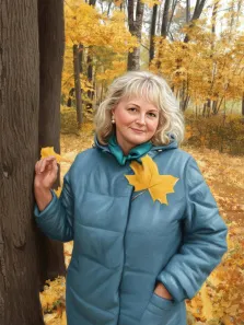 Женский портрет в стиле под масло. На портрете изображена женщина с короткими светлыми волосами в голубой куртке и бирюзовом шарфе, стоящая в осеннем лесу; в одной руке она держит жёлтый лист, а другой опирается о ствол дерева. Фон наполнен золотистыми оттенками опавшей листвы и стройных деревьев, создавая тёплую и умиротворённую атмосферу. Художник: Артём