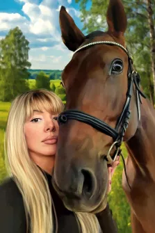 Под масло. На портрете изображена молодая женщина с длинными светлыми волосами, которая нежно прижимается щекой к морде каштановой лошади. На фоне — живописный пейзаж с зелёными деревьями, лугом и голубым небом с облаками. Художник: Анастасия