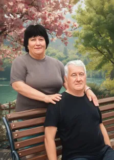 Парный портрет под масло. На портрете изображена пара: мужчина с седыми волосами в чёрной футболке сидит на деревянной скамейке, а женщина с тёмными волосами в серой футболке стоит позади него, обнимая за плечи. На фоне — живописный пейзаж с цветущими розовыми ветвями, зелёными деревьями и водоёмом. Художник: Анастасия 