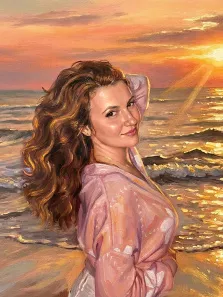 Женский портрет под масло. На портрете изображена молодая женщина с длинными волнистыми каштановыми волосами, одетая в лёгкую розовую блузу; она слегка повернута к зрителю, с нежной улыбкой и расслабленной позой, будто наслаждается моментом. Фон картины — завораживающий закат над морем с золотистыми бликами на волнах, создающий атмосферу тепла и умиротворения. Художник: Ирина