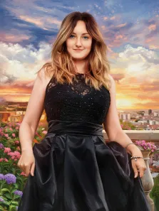 Женский портрет под масло. На портрете изображена молодая женщина с длинными светло-каштановыми волосами, одетая в элегантное чёрное платье с кружевным верхом и пышной юбкой; она слегка улыбается и держит руками подол платья. Фон картины — живописный закат с облаками, цветущие кусты с розовыми и фиолетовыми цветами и городской пейзаж вдали. Художник: Анна 