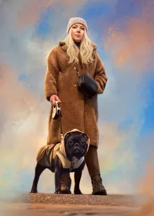 Женский портрет под масло. На портрете изображена молодая женщина с длинными светлыми волосами в тёплой бежевой шапке, объёмном коричневом пальто, коричневых ботинках и с чёрной сумкой через плечо; она держит на поводке чёрного мопса, одетого в светлый дождевик с капюшоном. Фон выполнен в мягких пастельных тонах с размытыми облачными узорами, создающими лёгкую и уютную атмосферу. Художник: Артём