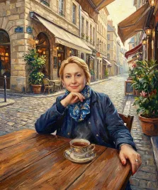 Женский портрет под масло. На портрете изображена улыбающаяся женщина с короткими светлыми волосами, в тёмно-синей куртке и узорчатом шарфе, сидящая за деревянным столиком уличного кафе. Перед ней стоит фарфоровая чашка с горячим напитком, а на фоне — живописная парижская улочка с мощёной дорогой, уютными кафе и зелёными растениями в горшках, создающими атмосферу спокойствия и уюта. Художник: Ирина