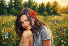 Женский портрет под масло. На портрете изображена молодая женщина с длинными каштановыми волосами, украшенными ярким красным маком, в лёгкой светлой одежде; она слегка наклонилась вперёд, с мягкой улыбкой глядя на зрителя. Вокруг неё — цветущее поле с бабочками и полевыми цветами, на заднем плане виднеется лесная полоса, залитая тёплым солнечным светом. Художник: Ирина