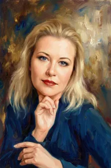 Женский портрет под масло. На портрете изображена женщина с длинными светлыми волосами и выразительными голубыми глазами, одетая в тёмно-синюю одежду. Она позирует, слегка опираясь подбородком на руку, её взгляд спокоен и задумчив, а фон выполнен в тёплых, размытых мазках, создающих атмосферу уюта и гармонии. Художник: Ирина