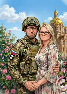 Парный портрет под масло. На портрете изображены мужчина в военной форме с камуфляжным шлемом и нашивкой с российским флагом, который обнимает женщину в лёгком платье с цветочным принтом; оба носят очки и смотрят прямо перед собой с серьёзными, но спокойными выражениями лиц. На фоне — величественный православный храм с золотыми куполами, цветущие розовые кусты и ясное голубое небо с лёгкими облаками. Художник: Ирина