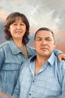 Парный портрет под масло. На портрете изображены мужчина и женщина, стоящие близко друг к другу: женщина в джинсовой куртке мягко улыбается и обнимает мужчину за плечо, а мужчина в светло-голубой рубашке смотрит прямо перед собой с серьёзным выражением лица. Фон выполнен в нежных пастельных тонах с абстрактными мазками, создающими атмосферу спокойствия и гармонии. Художник: Анна 