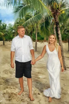 Парный портрет под масло. На портрете изображена пара, прогуливающаяся по песчаному пляжу: мужчина в белой рубашке и чёрных шортах и женщина в длинном белом платье, они держатся за руки и улыбаются. На заднем плане — пальмы с зелёными листьями и кокосами, создающие атмосферу тропического отдыха. Художник: Анна 