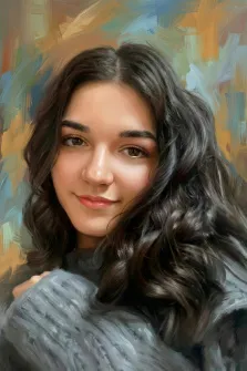 Женский портрет под масло. На портрете изображена молодая женщина с длинными волнистыми тёмными волосами, одетая в серый свитер; её лицо озарено мягкой улыбкой, взгляд направлен прямо на зрителя. Фон выполнен в абстрактной манере с мазками тёплых и холодных оттенков, создающими гармоничный контраст с образом героини. Художник: Ирина