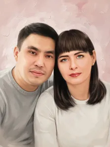 Парный портрет под масло. На портрете изображена пара: мужчина в светло-сером свитере с короткими тёмными волосами и лёгкой щетиной и женщина с аккуратной чёлкой, в белой блузке, с нежными чертами лица и серьгой в ухе. Они сидят близко друг к другу на фоне нежно-розового текстурированного фона, их выражения лиц спокойны и доброжелательны. Художник: Анастасия 