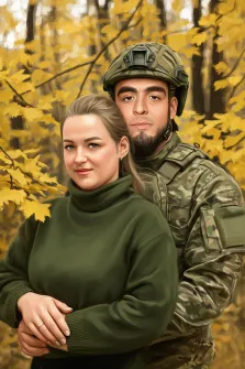 Парный портрет под масло. На портрете изображены мужчина в военной форме и шлеме, стоящий позади женщины в зелёном свитере; они находятся на фоне осеннего леса с ярко-жёлтыми листьями, их позы передают близость и спокойствие. Художник: Анастасия