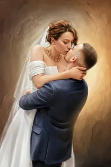 Парный портрет под масло. Алиса
На портрете запечатлён трогательный момент поцелуя молодожёнов: невеста в элегантном белом платье с открытыми плечами, фатой и жемчужным ожерельем нежно обнимает жениха, одетого в строгий тёмно-синий костюм. Фон выполнен в тёплых бежево-коричневых тонах, подчёркивая интимность и романтичность сцены. Художник: Анна 