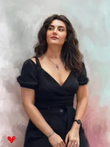 Женский портрет под масло. На портрете изображена женщина с длинными волнистыми тёмными волосами, одетая в элегантное чёрное платье с короткими рукавами и глубоким вырезом; на шее у неё изящное колье с крестом, на руке — часы и браслет. Её взгляд устремлён в сторону, выражение лица спокойное и задумчивое, а фон выполнен в мягких пастельных тонах, создающих лёгкую и утончённую атмосферу. Художник: Александра