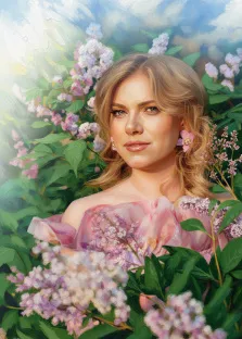 Женский портрет под масло. На портрете изображена молодая женщина с мягкими светлыми локонами, в нежно-розовом платье с открытыми плечами; её взгляд спокоен и задумчив, а на ушах — серьги в виде цветов, гармонирующие с окружением. Она окружена пышными ветвями сирени и зелёной листвой, а фон наполнен лёгкими мазками света, создающими ощущение весеннего утра. Художник: Ирина