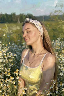 Женский портрет под масло. На портрете изображена молодая женщина в светло-жёлтом топе и с цветочной повязкой на голове, стоящая среди поля ромашек. Её глаза закрыты, на лице — лёгкая улыбка, создающая ощущение умиротворения и гармонии с природой; тёплые солнечные блики мягко ложатся на её кожу и волосы. Художник: Ирина