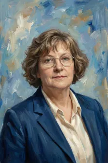 Женский портрет под масло. На портрете изображена женщина средних лет с короткими волнистыми каштановыми волосами, в очках, тёмно-синем пиджаке и светлой рубашке. Фон выполнен в абстрактной манере с преобладанием голубых, белых и золотистых мазков, создающих лёгкую и воздушную атмосферу. Художник: Анна