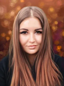 Женский портрет в стиле под масло. На портрете изображена молодая женщина с длинными прямыми светло-каштановыми волосами, аккуратно разделёнными посередине. Её взгляд спокоен и доброжелателен, лёгкая улыбка придаёт образу мягкость; фон выполнен в тёплых золотисто-коричневых тонах с размытыми световыми кругами, создающими атмосферу уюта и гармонии. Художник: Александра 