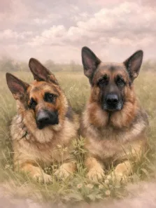 Портрет в стиле под масло. На портрете изображены две немецкие овчарки, лежащие рядом на травянистом лугу; одна из собак слегка наклонила голову, придавая взгляду задумчивость, а вторая смотрит прямо вперёд с серьёзным выражением. Фон картины — мягкий пейзаж с размытыми очертаниями деревьев и облачным небом, создающий спокойную и умиротворённую атмосферу. Художник: Александра